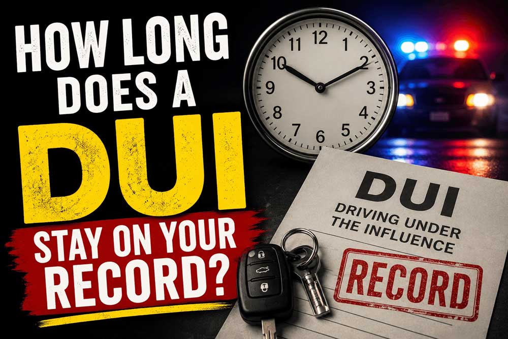 How long does a DUI stay on your record with clock, police lights, and DUI document