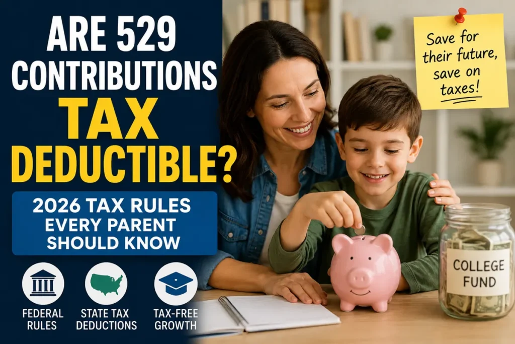 Parent and child saving money in piggy bank with 529 plan tax deduction and college savings text