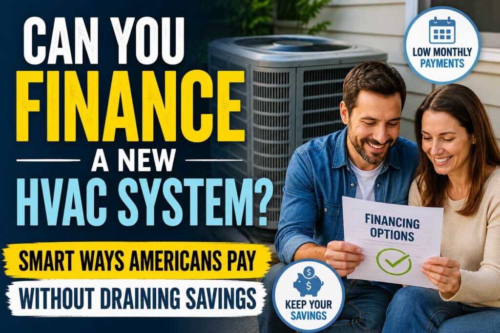 Couple reviewing HVAC financing options beside a new air conditioning unit with low monthly payment and savings message