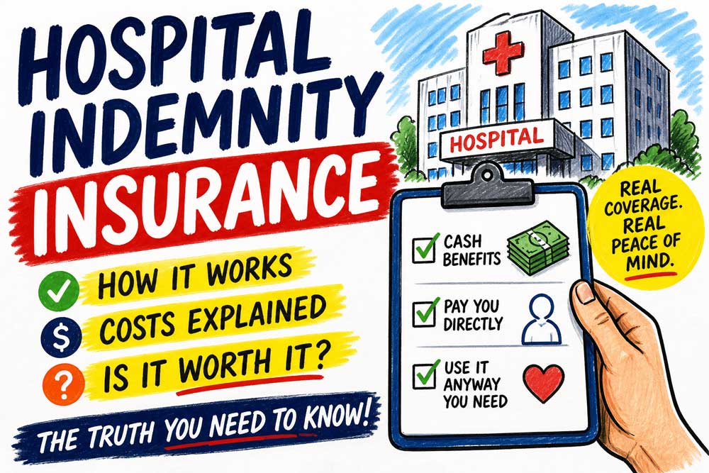 Illustration of hospital indemnity insurance showing cash benefits, hospital stay coverage, and how the plan pays you directly
