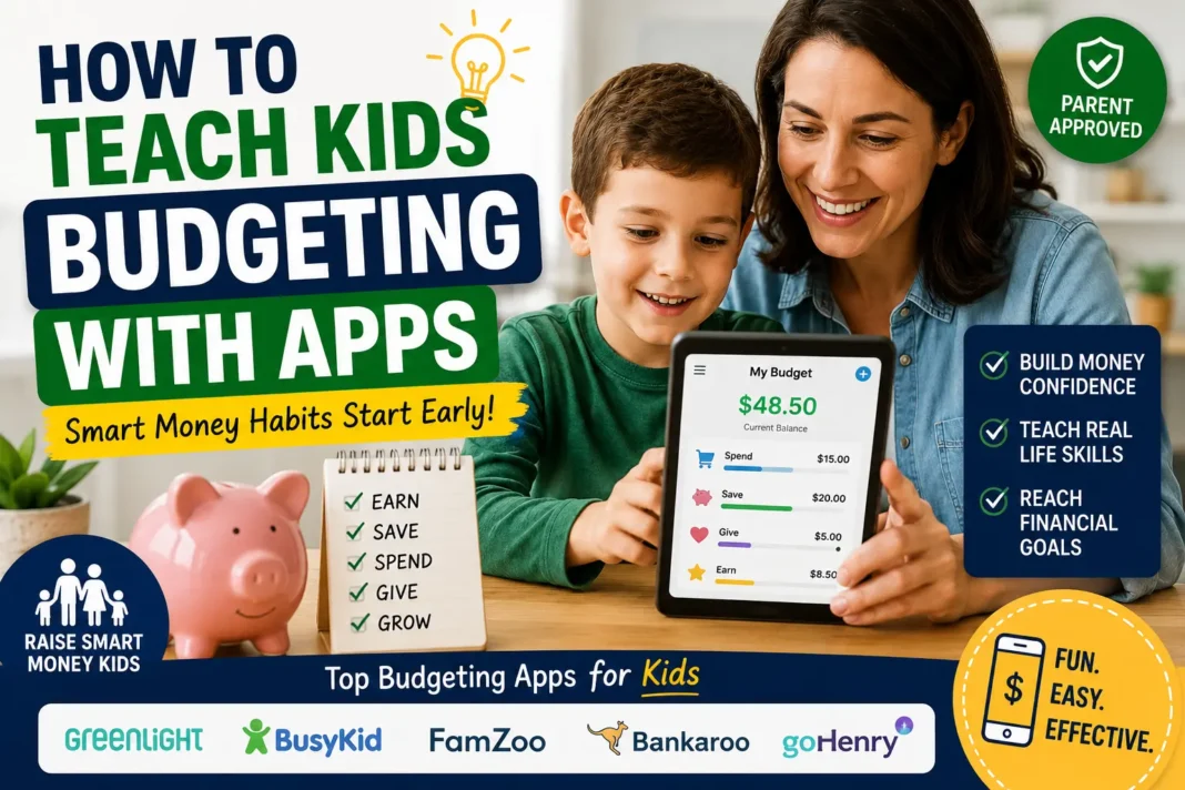 How to Teach Kids Budgeting With Apps in 2026 Mother teaching young boy budgeting using a kids money management app and savings tracker on tablet