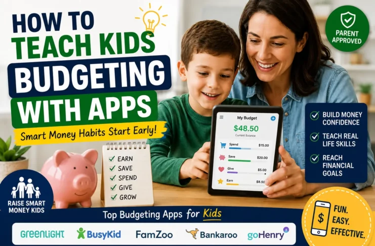 Mother teaching young boy budgeting using a kids money management app and savings tracker on tablet