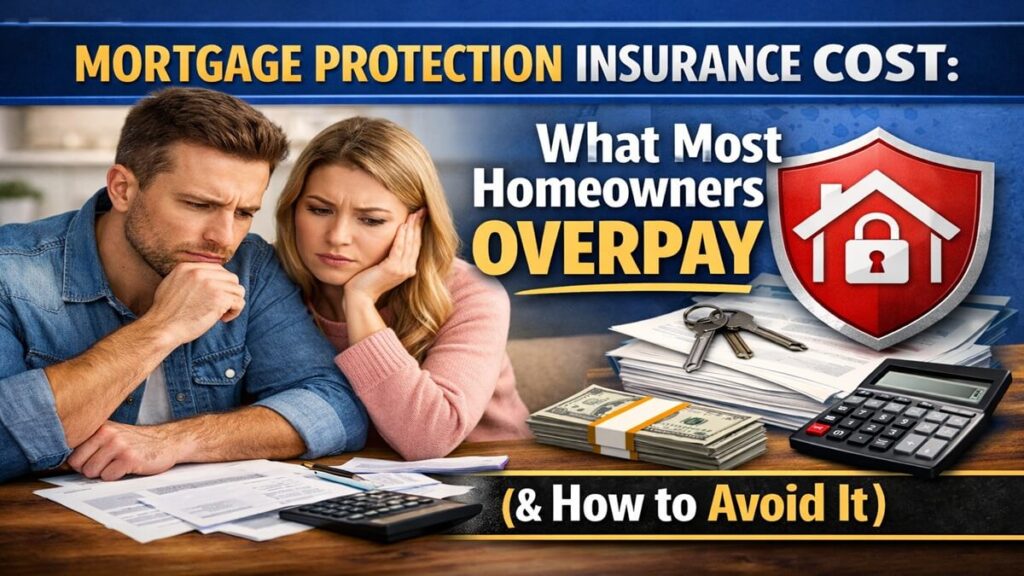 A worried couple reviewing mortgage protection insurance documents beside a red shield with a house and padlock — thumbnail for a guide on avoiding overpayment.