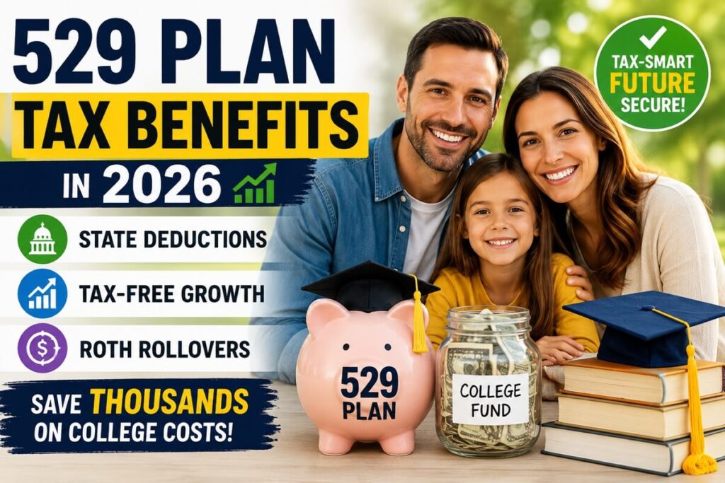 Image Alt Text: Family planning for college savings with 529 plan tax benefits in 2026, featuring tax-free growth, state tax deductions, Roth rollovers, and education funding strategies.