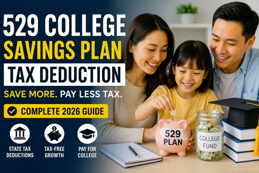 529 college savings plan tax deduction guide showing a family saving for college and highlighting state tax benefits.