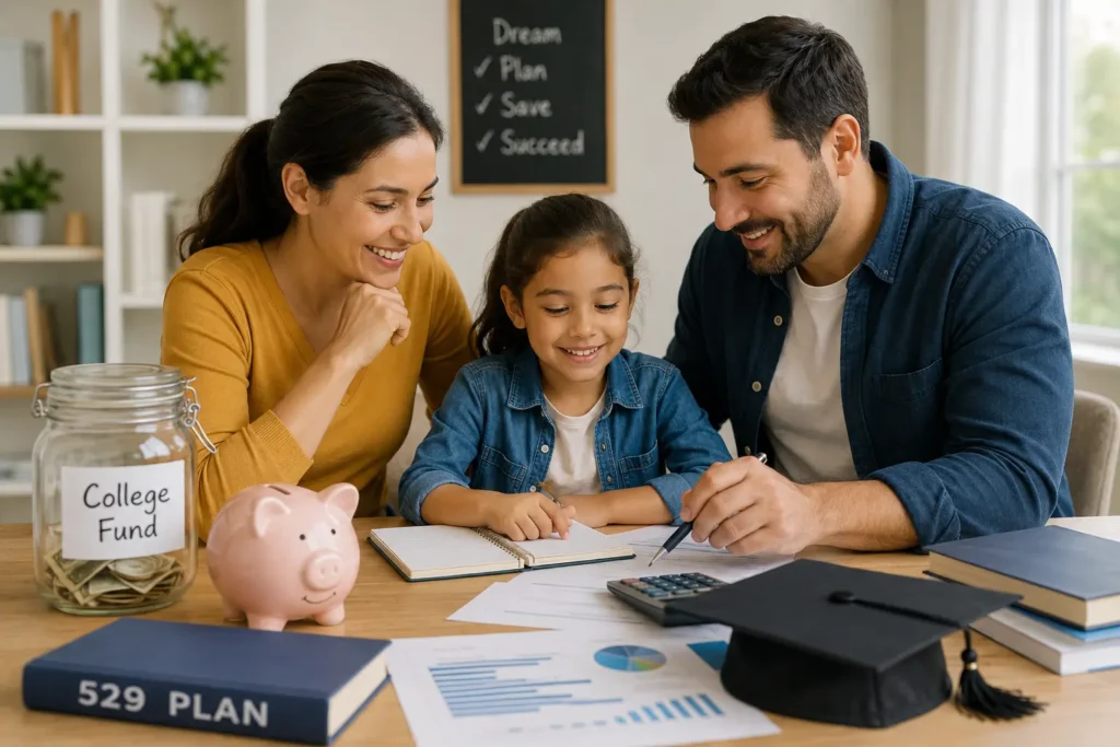 Parents and daughter reviewing finances while saving money in a 529 college savings plan for future education expenses.