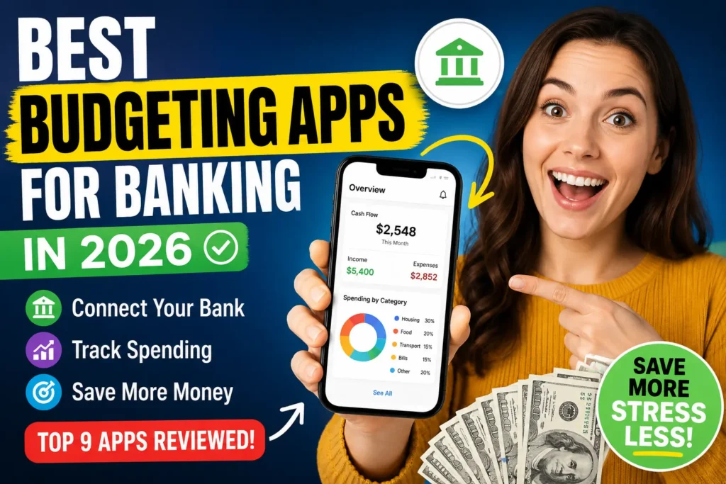 Best budgeting apps for banking in 2026 shown on smartphone with budget dashboard, bank account tracking, spending analysis, and money-saving features.