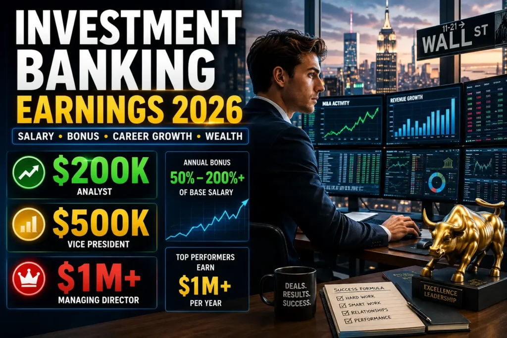 Investment banking earnings 2026 thumbnail showing Wall Street banker, salary ranges, bonuses, and career growth opportunities.