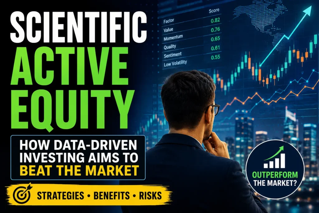Scientific active equity investing concept showing stock market charts, quantitative investing strategies, systematic equity models, and data-driven portfolio management.