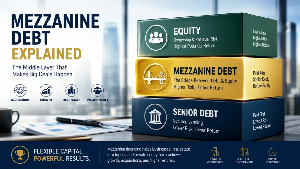 What Is Mezzanine Debt capital structure illustration showing senior debt at the bottom, mezzanine debt in the middle, and equity at the top in a business financing stack.