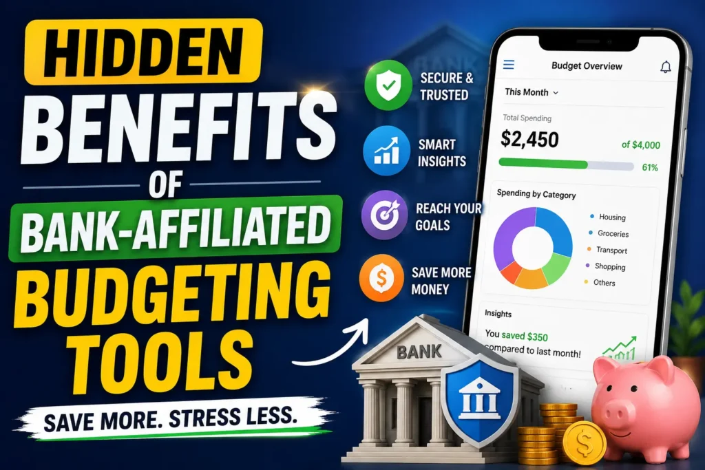 Hidden benefits of bank-affiliated budgeting tools shown with a budgeting app, bank icon, and savings illustration.