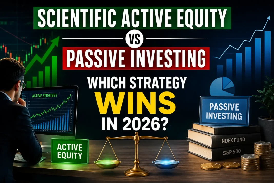Scientific Active Equity vs Passive Investing: Which Strategy Wins in 2026? Scientific Active Equity vs Passive Investing comparison thumbnail showing stock market charts, active portfolio management, index fund investing, and 2026 investment strategy comparison.