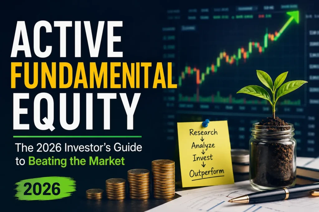 Active Fundamental Equity concept showing stock market growth chart, investment analysis, rising coins, and long-term wealth creation in 2026.