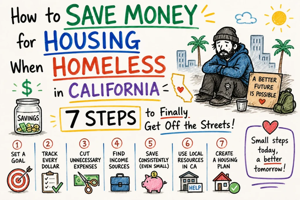 Handwritten-style infographic showing seven practical steps to save money for housing while experiencing homelessness in California, with savings and housing illustrations.