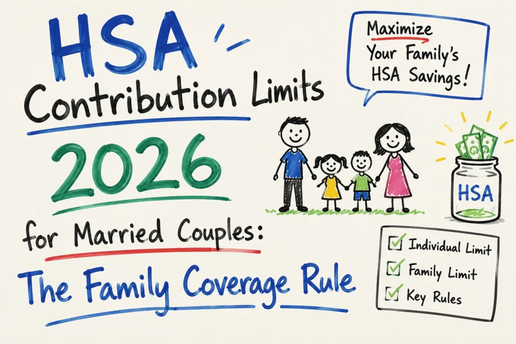 Handwritten-style thumbnail showing HSA contribution limits for 2026, featuring a family illustration, savings jar, and the family coverage rule for married couples.