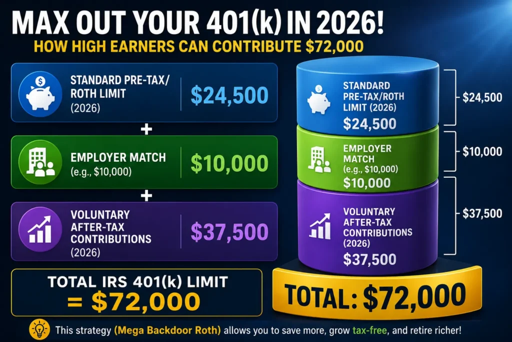 Infographic explaining the 2026 IRS 401(k) contribution breakdown with employee contributions, employer match, after-tax savings, and total annual limit.