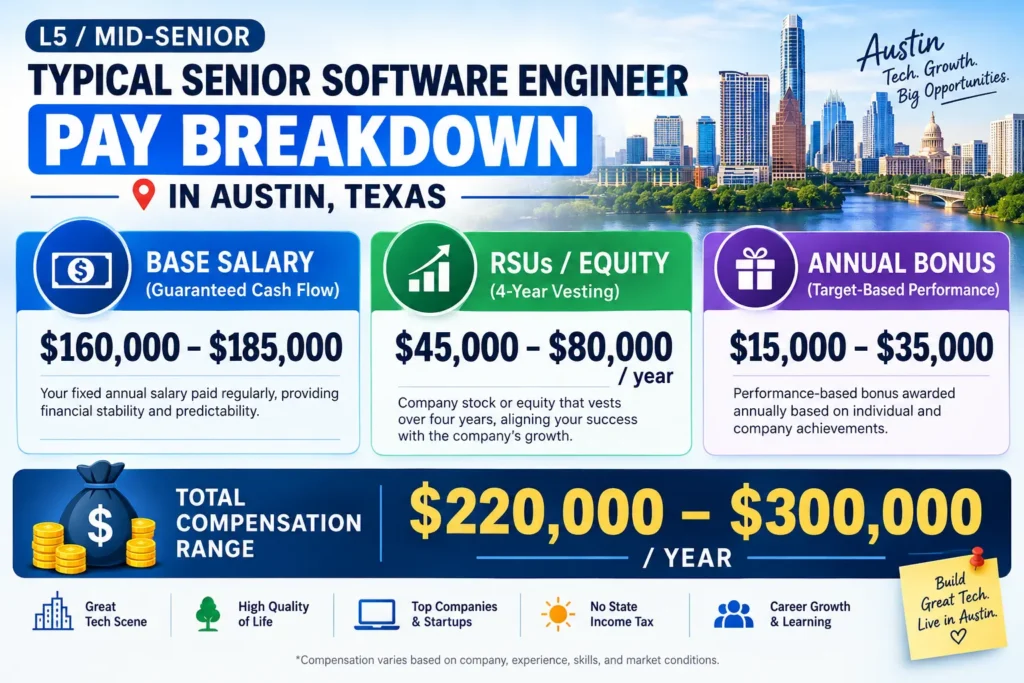 Horizontal infographic illustrating Senior Software Engineer compensation in Austin, Texas, including base salary, RSU equity, annual bonus, and total compensation ranging from 0,000 to 0,000 per year.