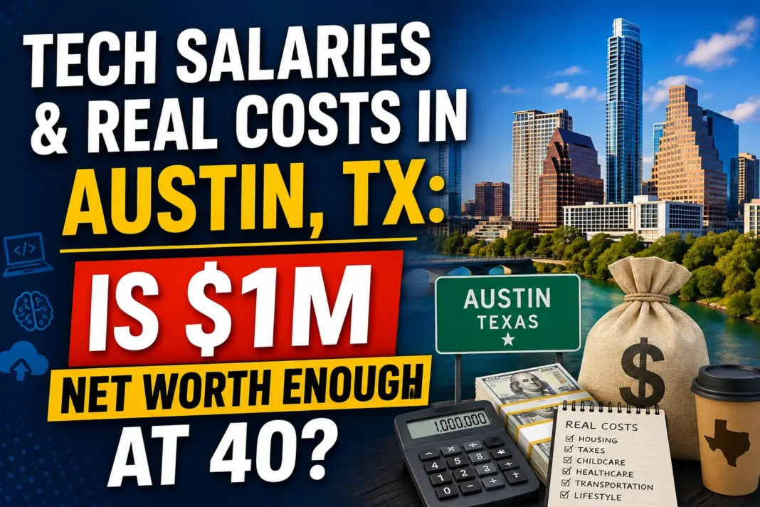 Tech Salaries and Real Cost of Living in Austin – Is $1 Million Enough at 40? Blog thumbnail showing Austin skyline, money bag, calculator, and one million dollar concept for evaluating whether a $1 million net worth is enough to retire or live comfortably in Austin at age 40.