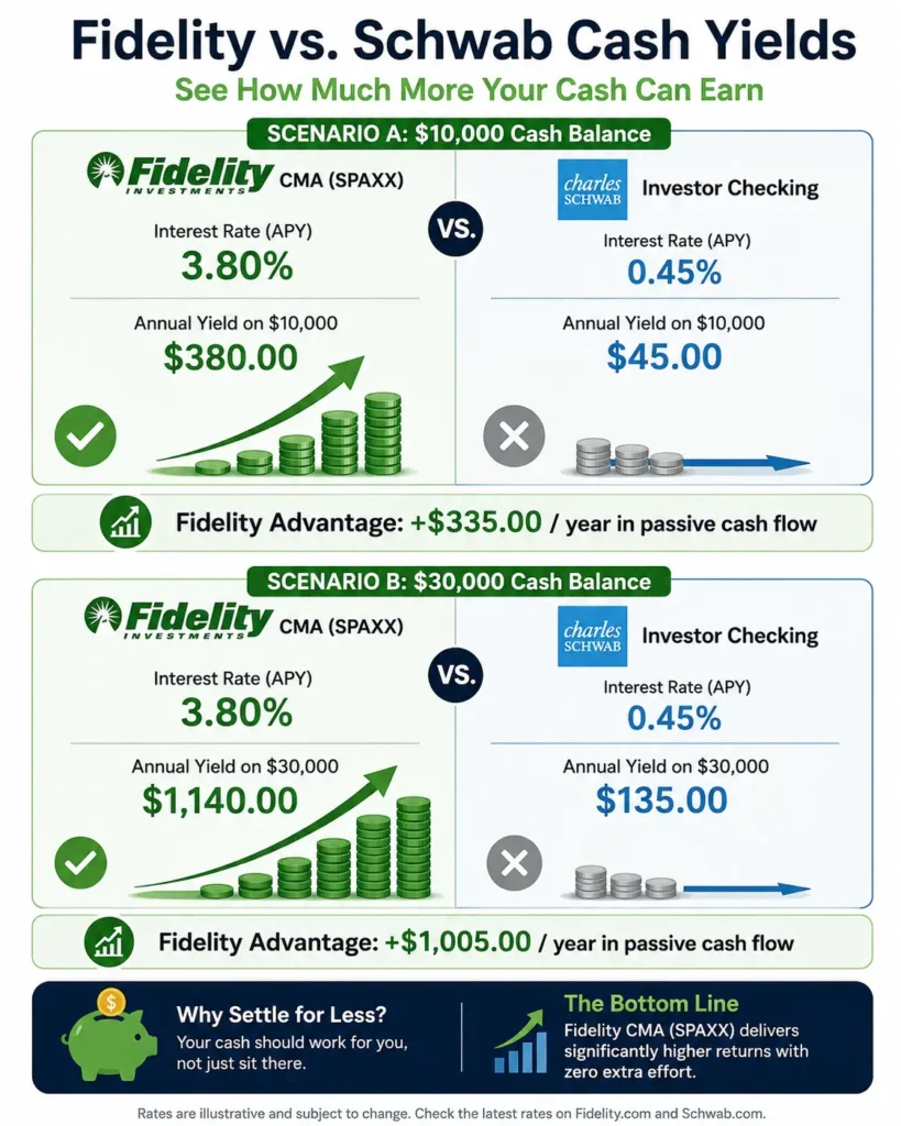 Fidelity CMA vs Schwab Investor Checking cash yield comparison for ,000 and ,000 balances