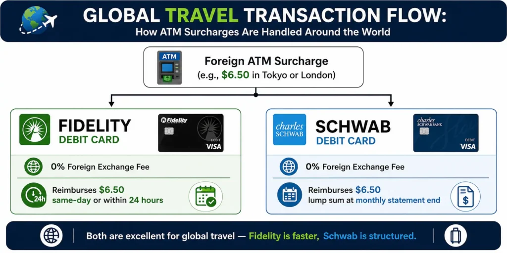 Fidelity and Schwab debit card foreign ATM fee reimbursement comparison