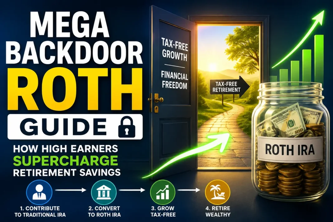 Mega Backdoor Roth Guide for High-Income Earners Illustration showing a Mega Backdoor Roth strategy with an open door leading to tax-free retirement, Roth IRA savings jar, and investment growth chart.