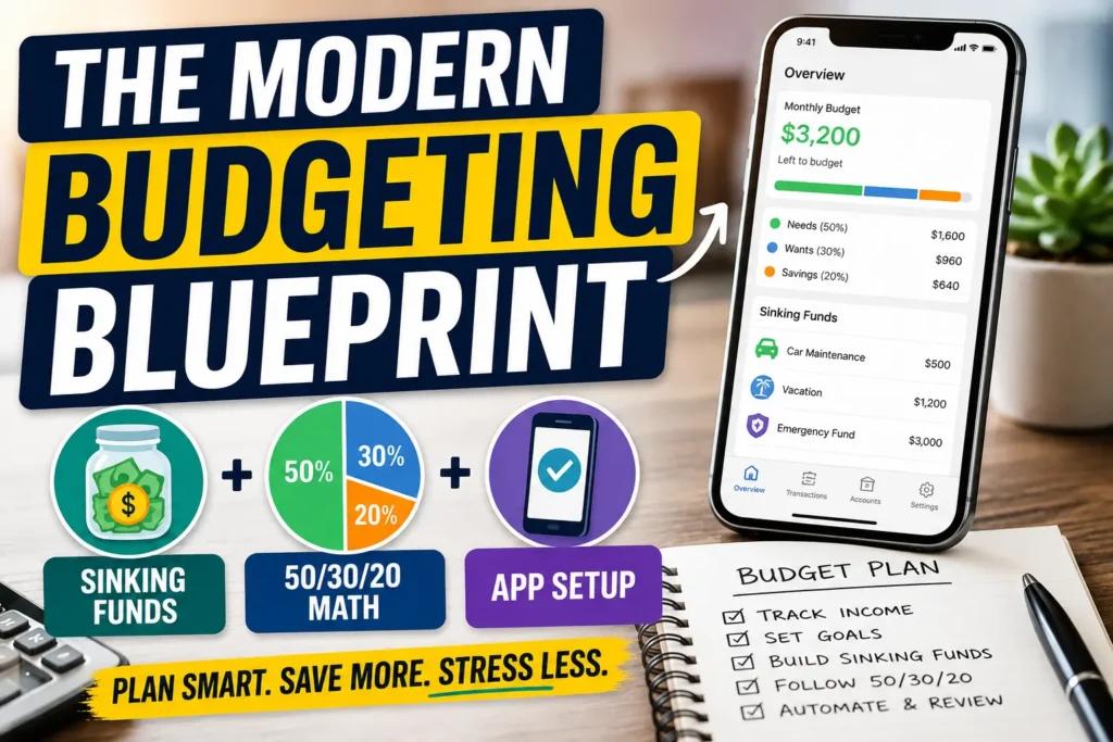 Budgeting app on a smartphone beside a notebook illustrating sinking funds, the 50/30/20 budgeting rule, and budget planning for personal finance.