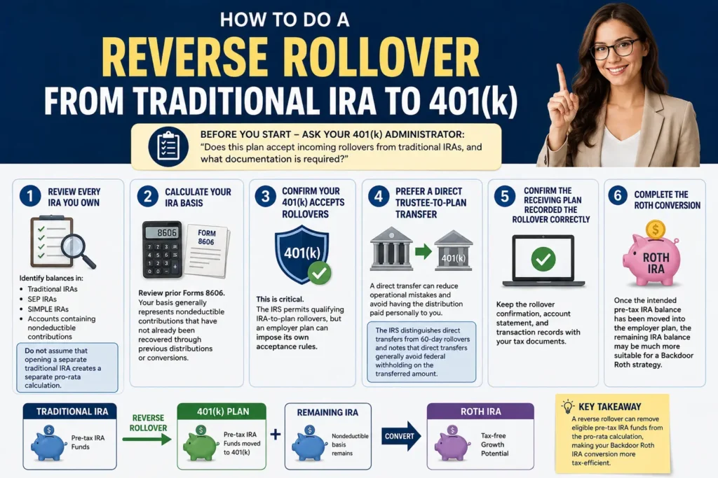 Steps for completing a reverse rollover from a traditional IRA to a 401(k) for a Backdoor Roth IRA