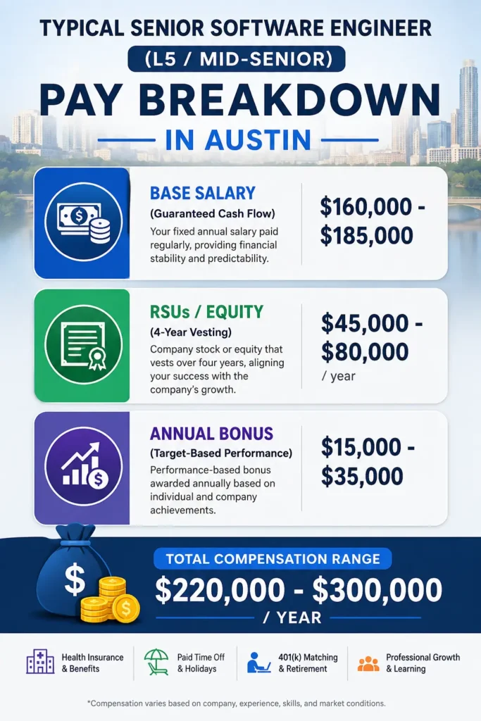 Infographic showing a Senior Software Engineer (L5) salary breakdown in Austin with base salary of 0,000–5,000, RSUs of ,000–,000 per year, annual bonus of ,000–,000, and total compensation of 0,000–0,000.