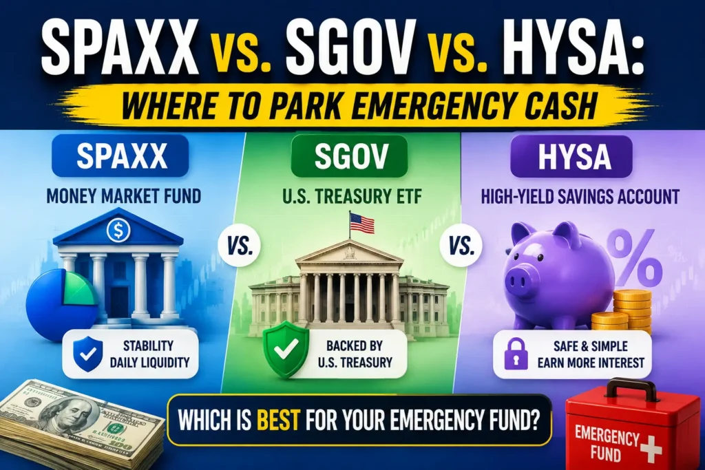 Comparison of SPAXX, SGOV, and a high-yield savings account for storing an emergency fund with safety and liquidity highlights.