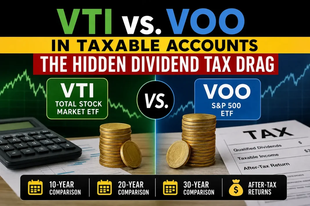 VTI vs VOO taxable account comparison showing dividend tax drag and after-tax returns VTI vs VOO taxable account comparison showing dividend tax drag and after-tax returns
