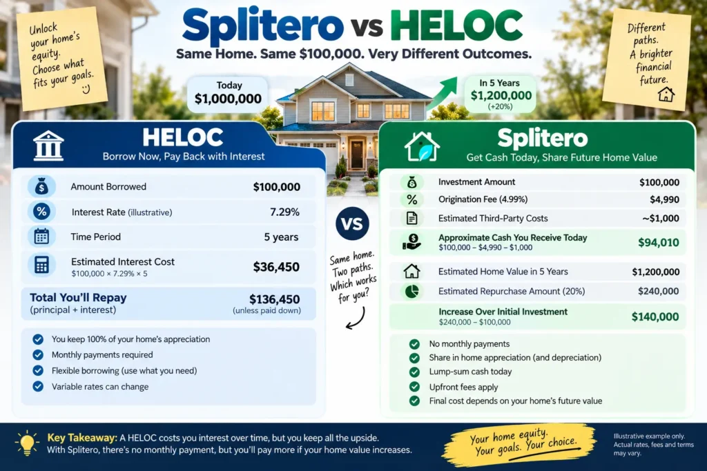 Illustrative comparison of HELOC interest costs and home equity investment costs over five years.