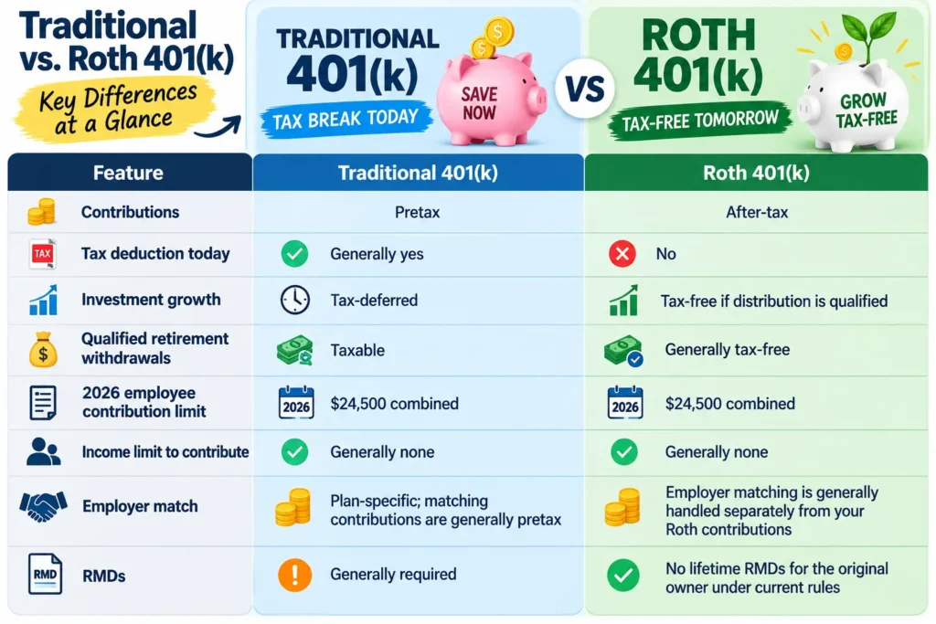 Traditional and Roth 401(k) comparison chart showing contributions, tax treatment, withdrawals, 2026 limits, employer match, and RMDs