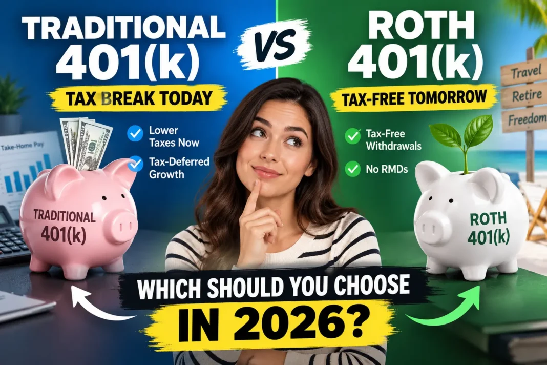 Traditional vs. Roth 401(k): Which Should You Choose in 2026? Traditional and Roth 401(k) comparison showing tax benefits, retirement savings, and key differences for 2026